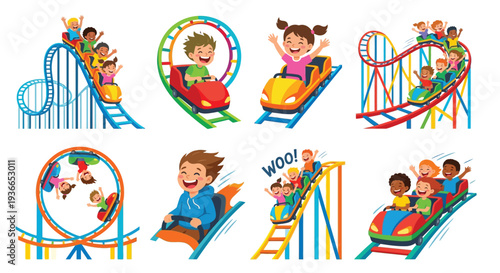 Cheerful children enjoying a thrilling rollercoaster ride at an amusement park
