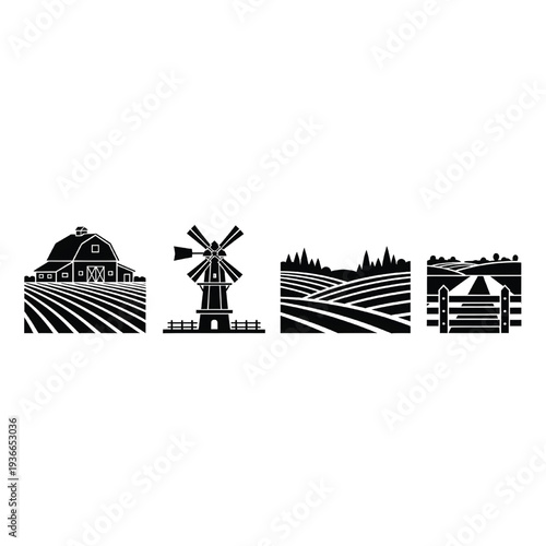 A set of four black and white vector icons displays various rural farm structures and cultivated field landscapes suitable for agricultural design.
