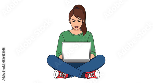 Young woman sitting cross-legged with a laptop