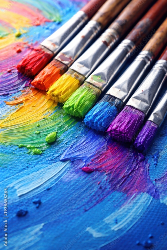 Fototapeta premium Colorful paint brushes with rainbow acrylic strokes on canvas creative art background