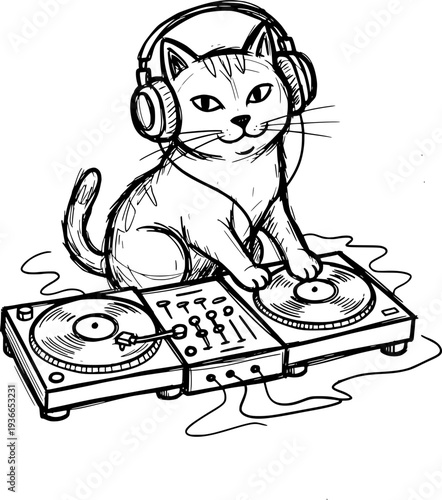 Ink drawing of a domestic shorthair cat wearing over-ear headphones and manipulating vinyl records on a vintage dual-turntable music station