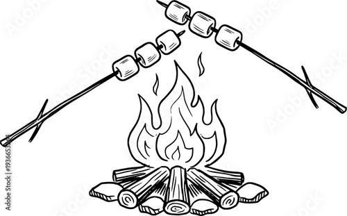 Black and white hand-drawn ink vector illustration of marshmallows roasting on sticks over a blazing campfire with wood logs and stones