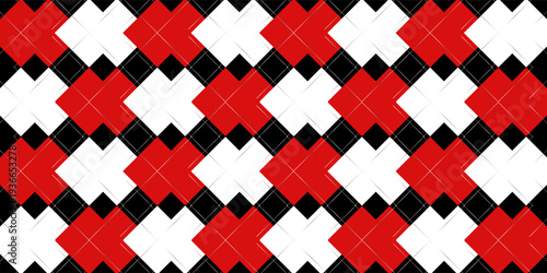 Harlequin red and black seamless pattern. Argyle diamond fabric texture. Classic lozenge simple background with gold line. Joker venetian rhombus carnival ornament bg. Vector design illustration.