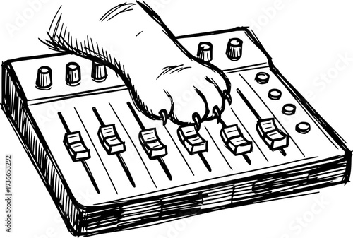 Monochrome cross-hatched ink drawing of a cat paw with sharp claws adjusting sliders on a professional audio mixing console