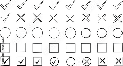 Check mark icons set, tick and cross symbols, checkbox selection elements, approval validation signs, minimal outline vector collection