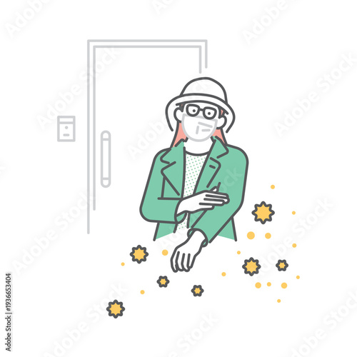シンプル　イラスト　玄関で服についた花粉を払う女性のイメージ ベクターイラスト