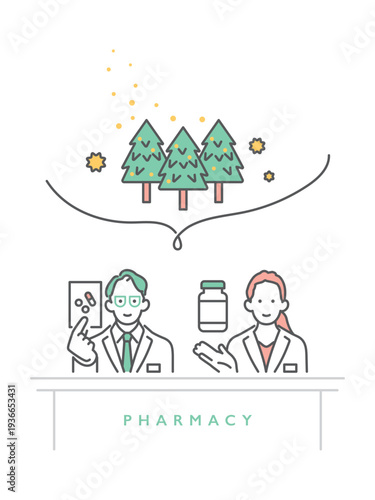 シンプル　イラスト　花粉症の薬を薬局で説明する薬剤師のイメージ ベクターイラスト