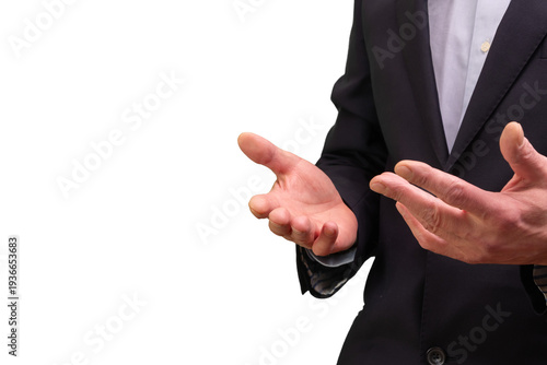 Photos Businessman showing hand gestures explaining economic situation in business
