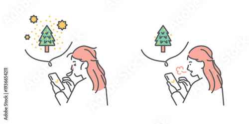 シンプル　イラスト　花粉飛散情報をスマホでチェックする女性のイメージ ベクターイラスト