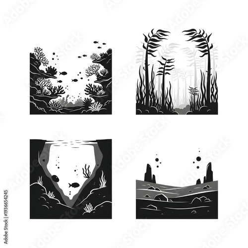 A collection of four monochrome nature icons illustrates diverse aquatic environments including coral reefs, deep sea trenches, and dense underwater plant life.