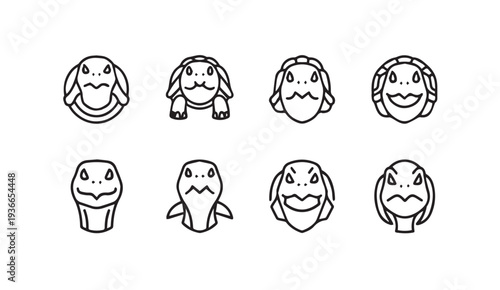 Collection of Cartoon Turtle Faces and Expressions Outline Style Isolated on White