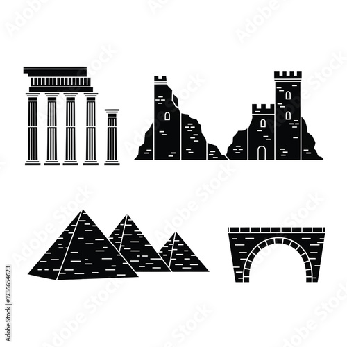 Several historical and ancient architectural landmark silhouettes are grouped together, featuring ruins, pyramids, and a stone bridge.