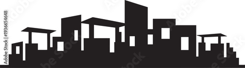 Modern architectural skyline with slanted roofs and geometric building blocks in silhouette