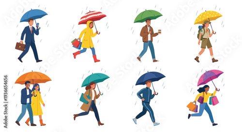 People walking in the rain with colorful umbrellas diverse group
