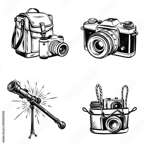Outdoor Photography and Exploration Gear Vintage Illustrations