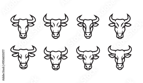 Bull Heads Set Vector Icon Livestock Farming Agriculture Meat Industry Symbol