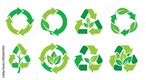Collection of green recycling symbols featuring leaves and circular arrows