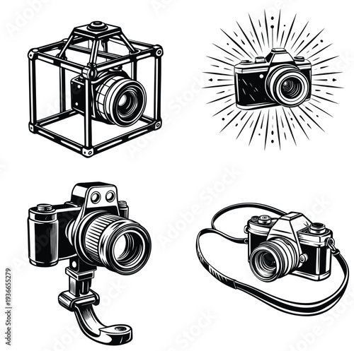 Professional Camera Gear and Stabilization Icons Sketch Style