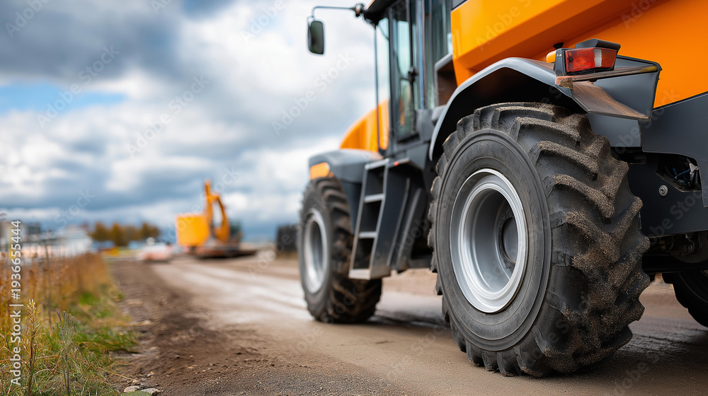 Fototapeta premium Detailed side view large orange agricultural tractor, rugged tires farming machinery, equipment visualization, heavy-duty vehicle representation, with copy space