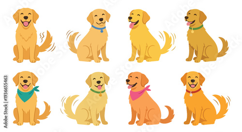 Collection of adorable golden retriever illustrations in various poses and colors