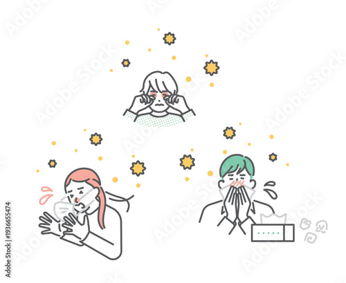 シンプル　イラスト　花粉症の主な症状のイメージ ベクターイラスト