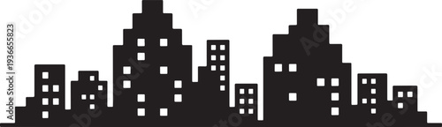 Modern cityscape silhouette with various building heights on gray checkered background