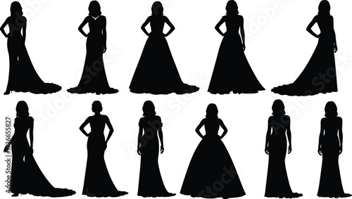 Women dress silhouettes collection, long gown fashion illustration, elegant evening wear vector art, stylish clothing design sequence, modern apparel concept
