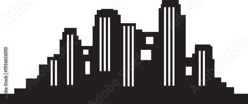 Retro pixelated city skyline silhouette illustration with various tall buildings