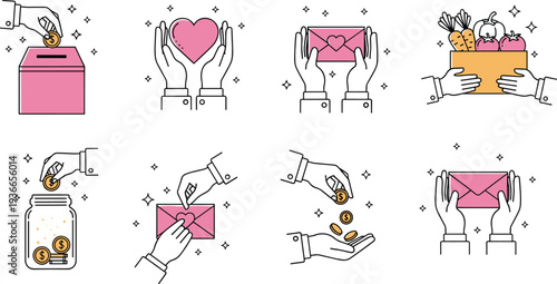 Charity and donation line icons set, volunteer giving money food love and support vector illustration isolated on white background
