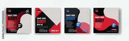 Gym fitness workout promotion posts bundle for social media posts template pack, square flyer poster design, web banner ads and advertising layouts for fitness club