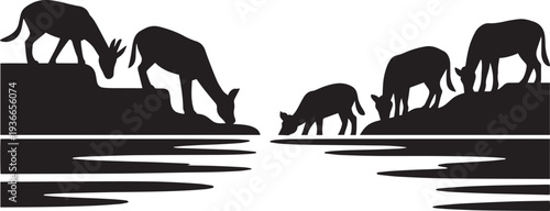 Several deer drinking water from a reflective lake in a black silhouette style