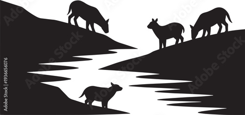 Silhouettes of goats grazing on hills near winding river valley landscape nature backdrop