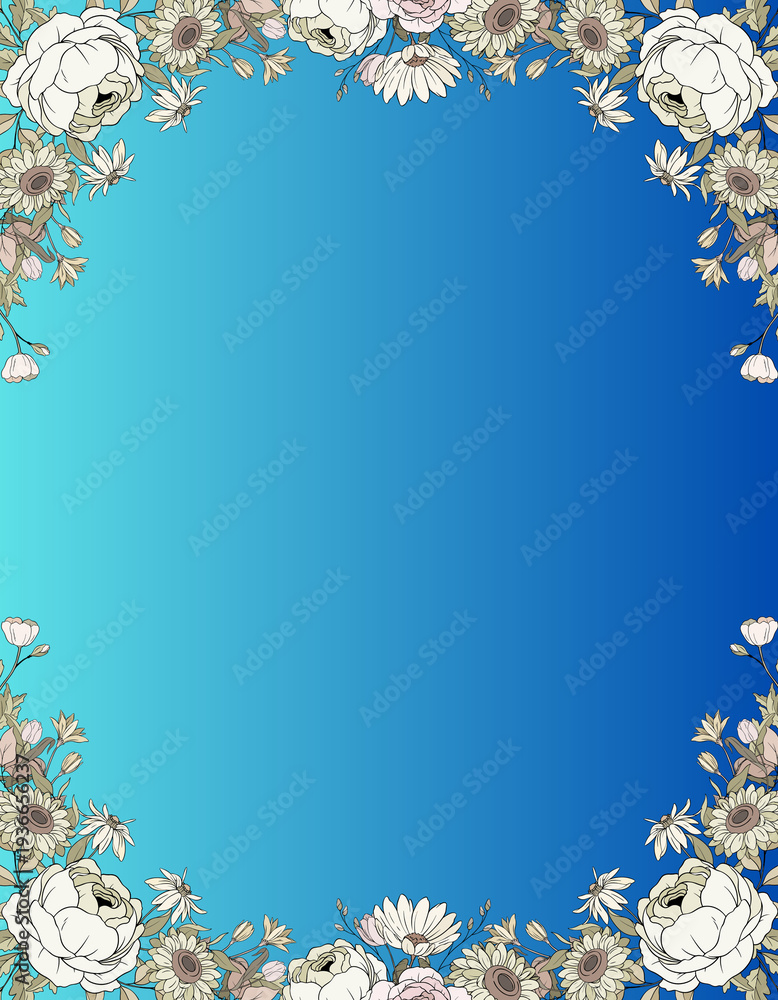 Obraz premium A floral frame on a white-to-blue gradient background.