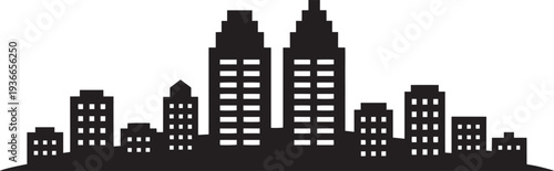 Twin skyscraper silhouette at center of city skyline with symmetrical architectural design