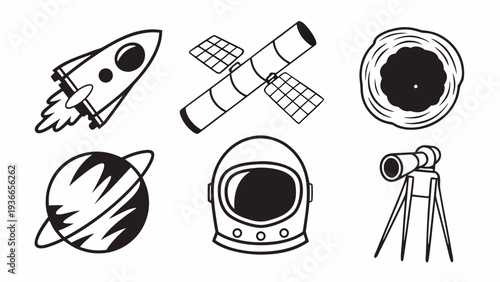 Space exploration icons set with rocket, satellite, black hole, planet, helmet, telescope
