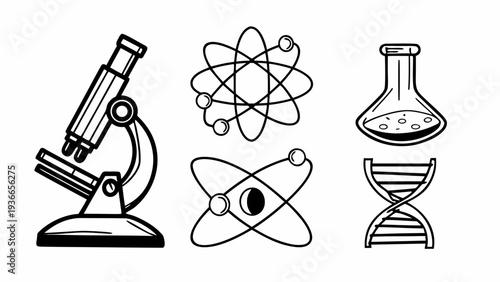 Science icons including microscope and atom symbols