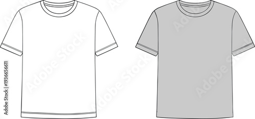 Blank t shirt front view template with outline and grey mockup, casual clothing apparel design for branding print and fashion illustration