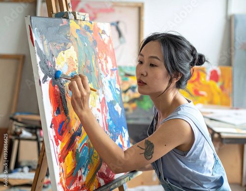 Focused Asian female artist creating a vibrant abstract masterpiece on canvas in her studio. This expressive image captures creativity and passion, ideal for art and lifestyle projects.