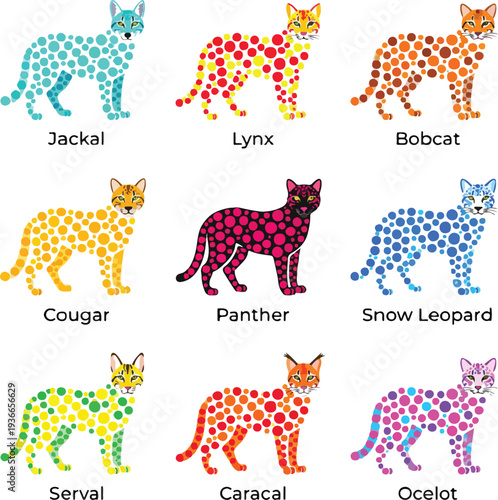 Global Wild Feline Collection: Flat Line Art of Bobcat, Cougar, and Serval Icons