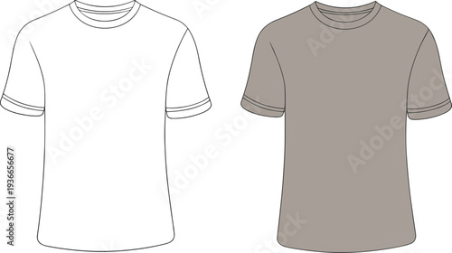 Blank t shirt template front view mockup with outline and colored version, casual apparel clothing design for print branding and fashion illustration