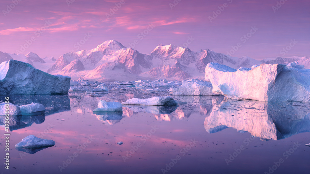 Obraz premium Majestic Icebergs in Calm Polar Bay with Mountain Reflection at Sunrise