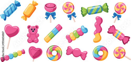 Colorful candy sweets collection with lollipops gummy candies and wrapped sweets, cartoon confectionery dessert set for kids party design