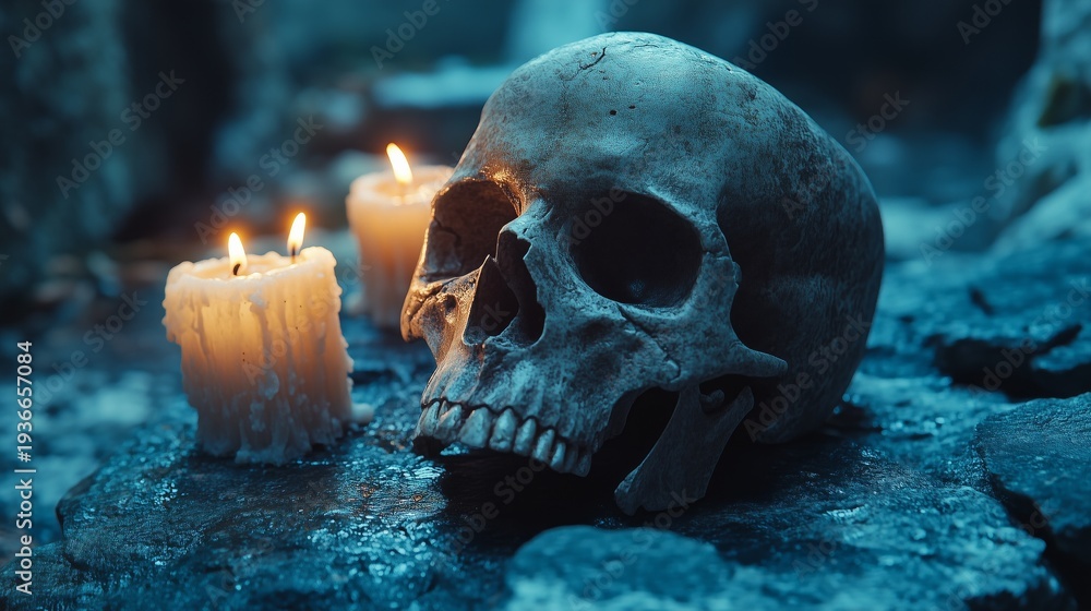 Fototapeta premium Human skull and burning candles on dark rocks exploring mortality and mystery