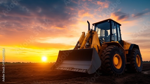 Yellow front wheel loader machine working in field at scenic sunset