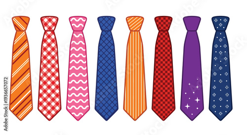 A colorful collection of patterned neckties displayed in a horizontal row