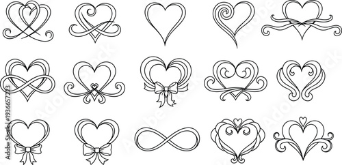 Decorative heart icons set, romantic love symbols, elegant flourish hearts, wedding design elements, vintage valentine vector collection
