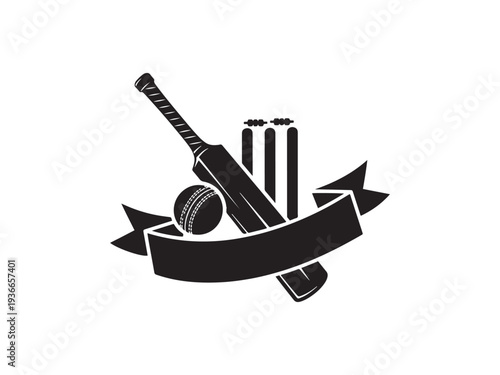 Cricket bat and ball with wickets and banner for sports design.