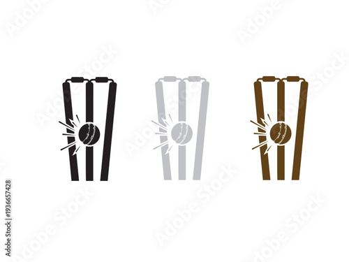 Cricket ball hitting wickets graphic design.