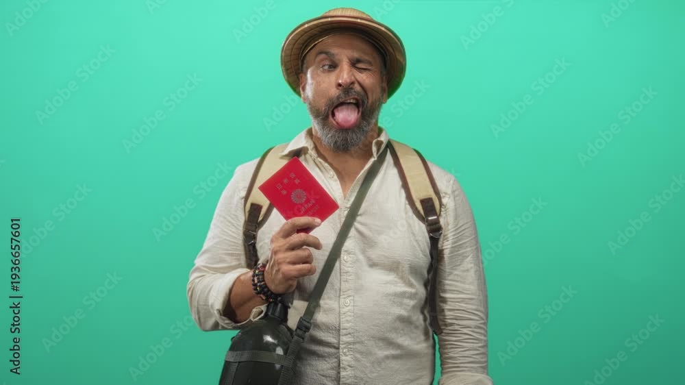 custom made wallpaper toronto digitalMiddle aged man with gray beard holding a red passport and sticking out his tongue in a bright teal green studio; travel adventure playful.