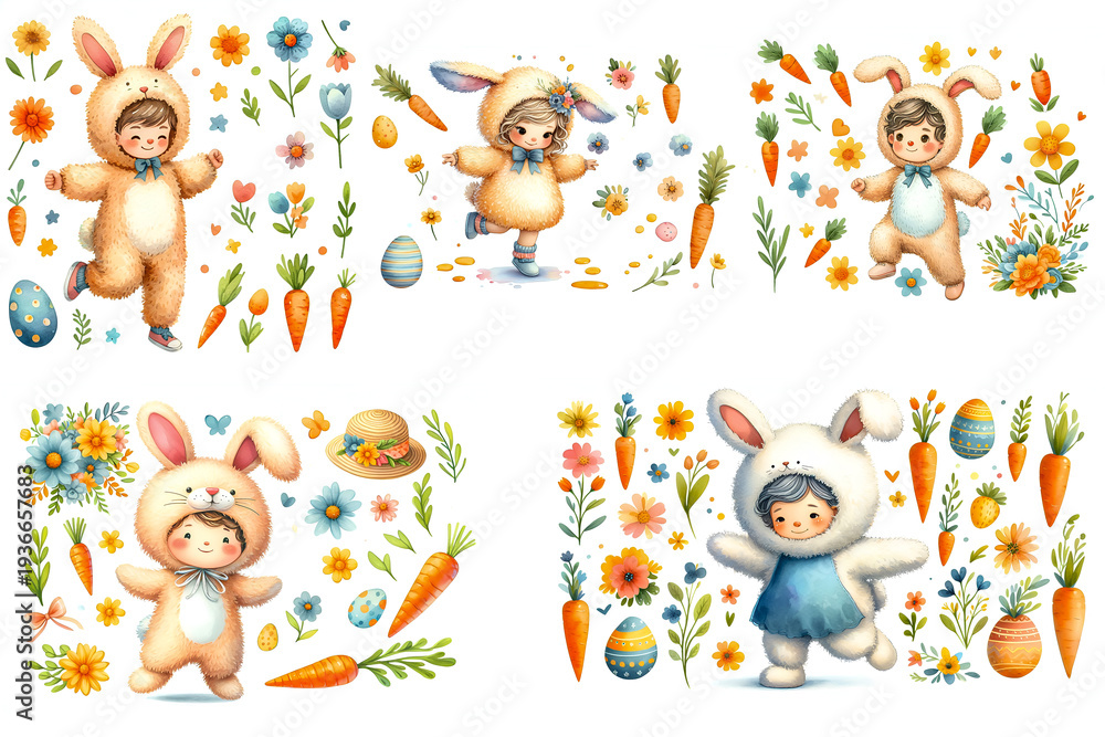 Obraz premium Cute Kids in Bunny Costumes with Carrots Flowers Easter Eggs and Spring Elements Illustration Collection